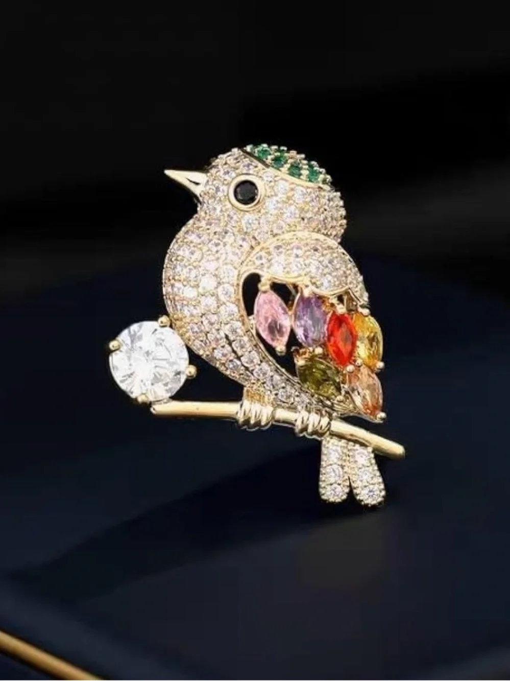 Gold-Tone Multicolor Crystal Bird Brooch